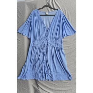 A New Day Dress Womens 1X Blue Polka Dot V Neck Flutter Sleeve Button Front